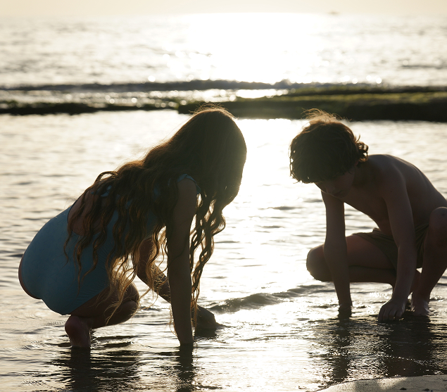 Two children playing in shallow water at sunset