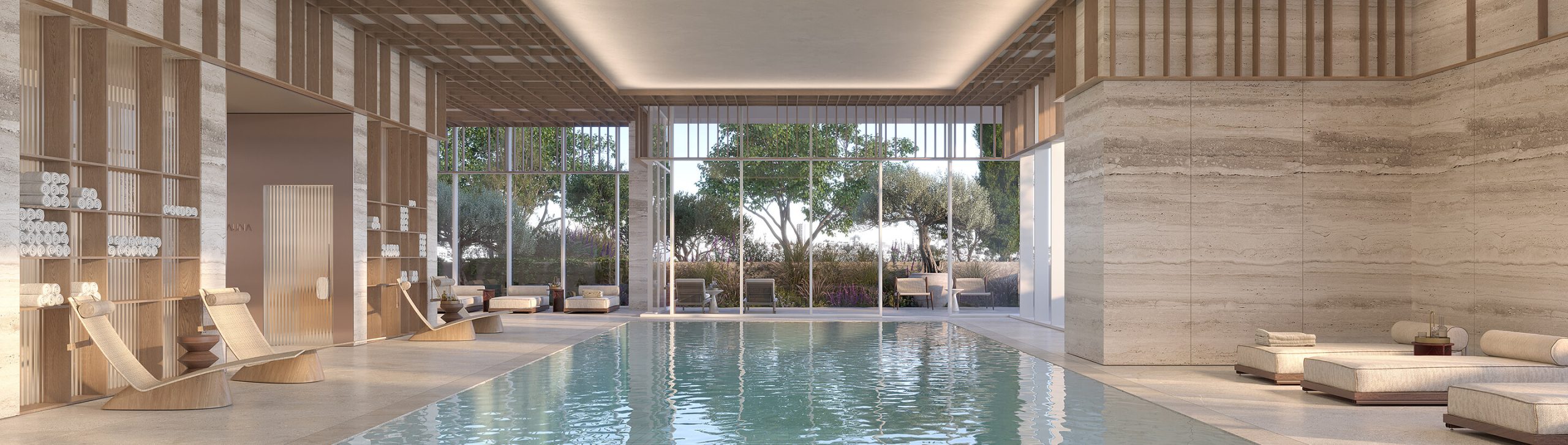 A rendering of the lobby with an indoor swimming pool and travertine walls