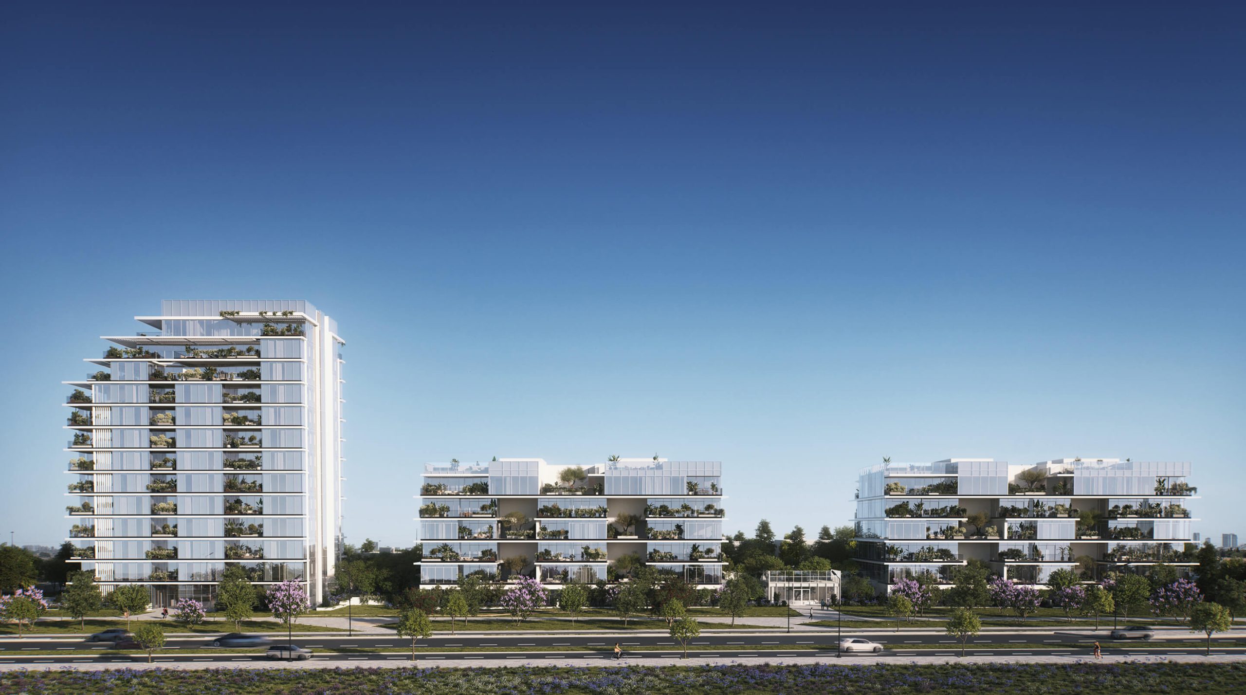 A rendering of the Pituach by the Sea complex — three residential buildings surrounded by landscaped gardens