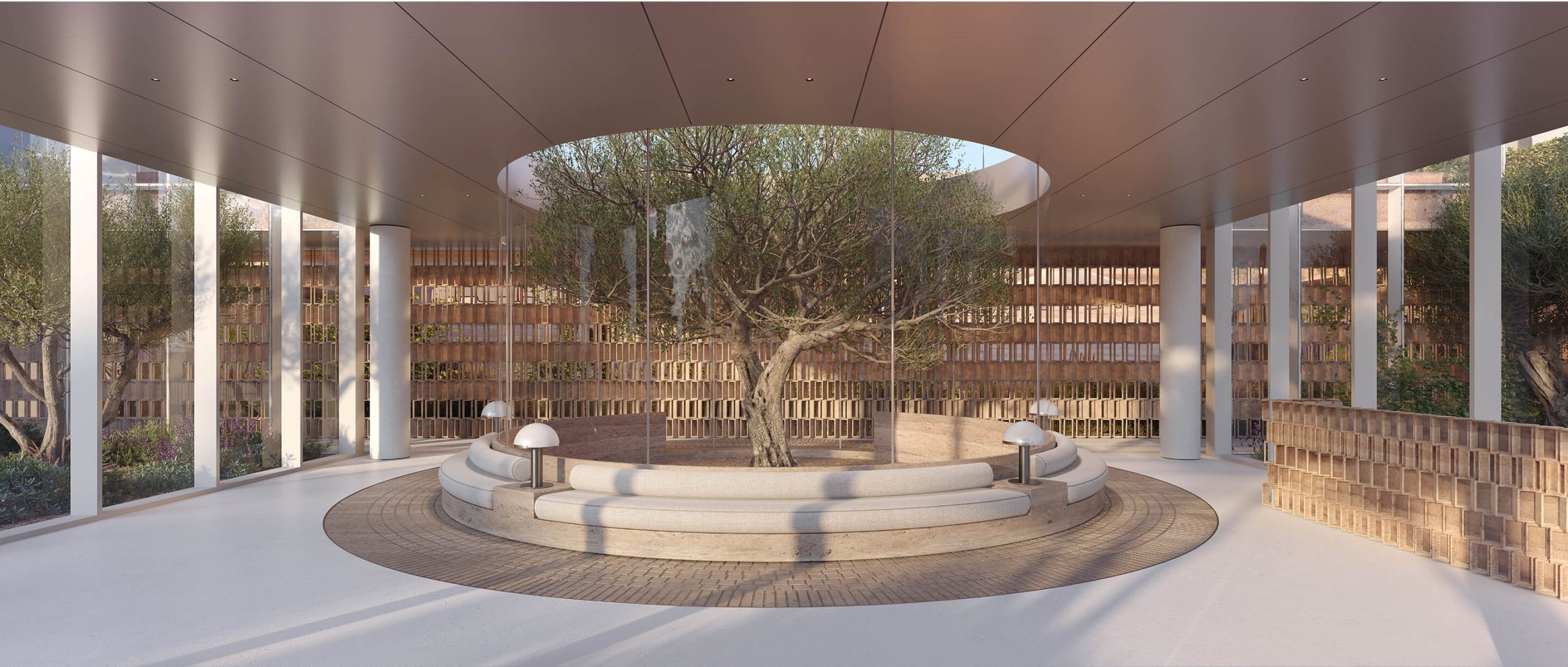 A rendering of the courtyard pavilion with an olive tree beneath a circular skylight
