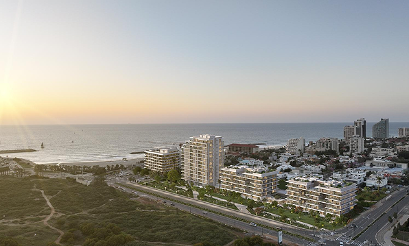 An aerial rendering of the complex at sunset, with the coastal road and the sea beyond