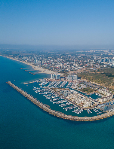 An aerial view of Herzliya Marina and the Pituach coastline