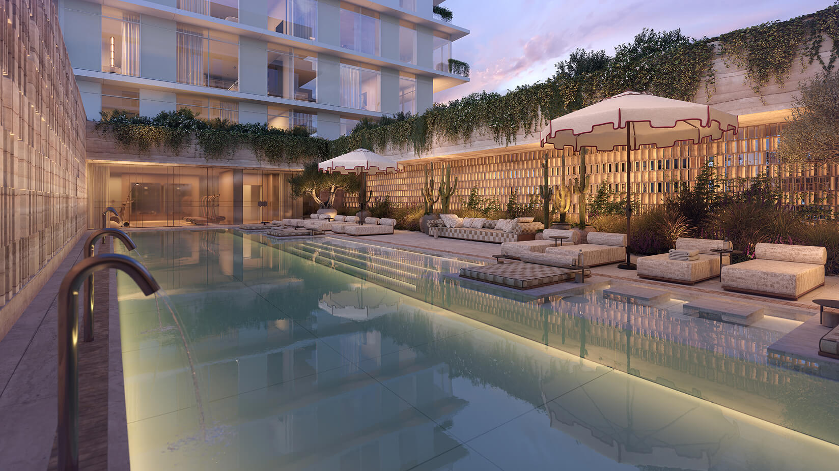 A rendering of the pool at dusk with underwater lighting