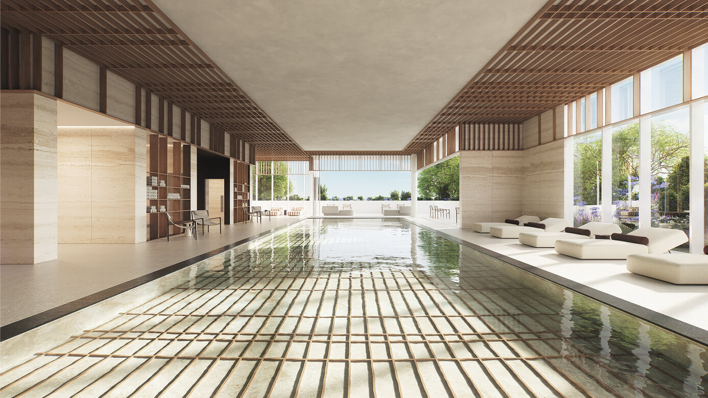 A rendering of the indoor pool with a wooden slatted ceiling
