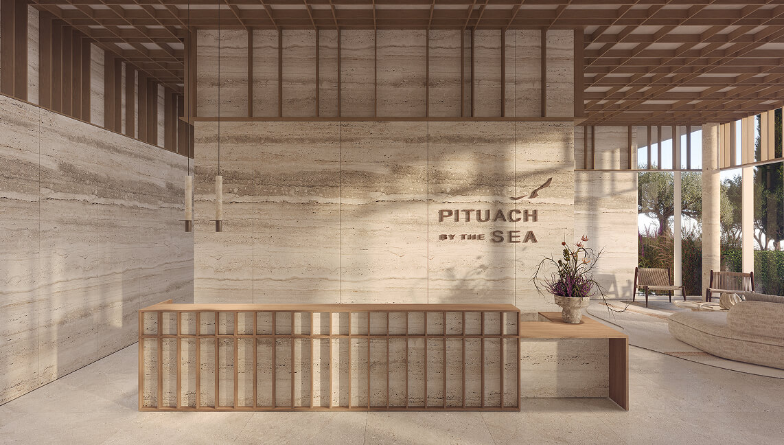 A rendering of the reception area with a wooden front desk