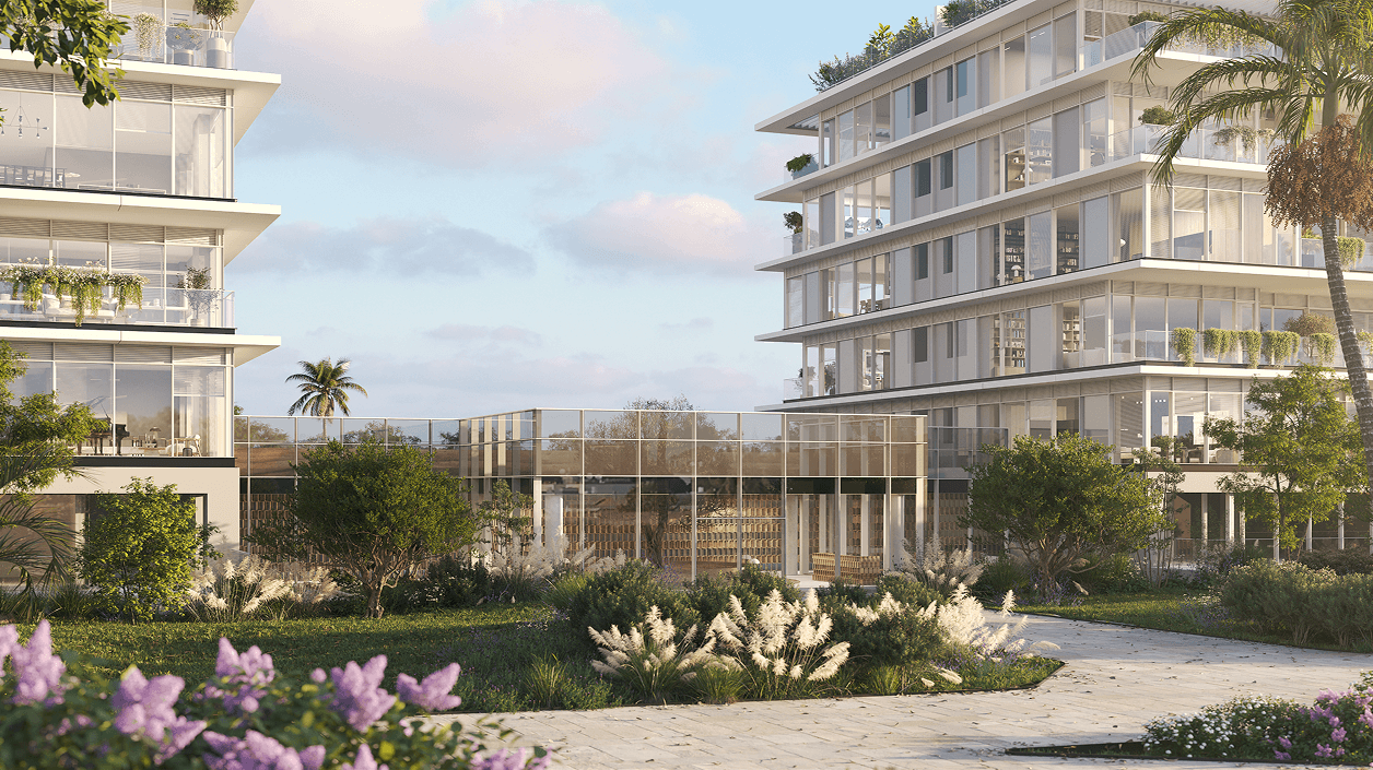 A rendering of two residential buildings with a glass lobby pavilion and a landscaped garden between them