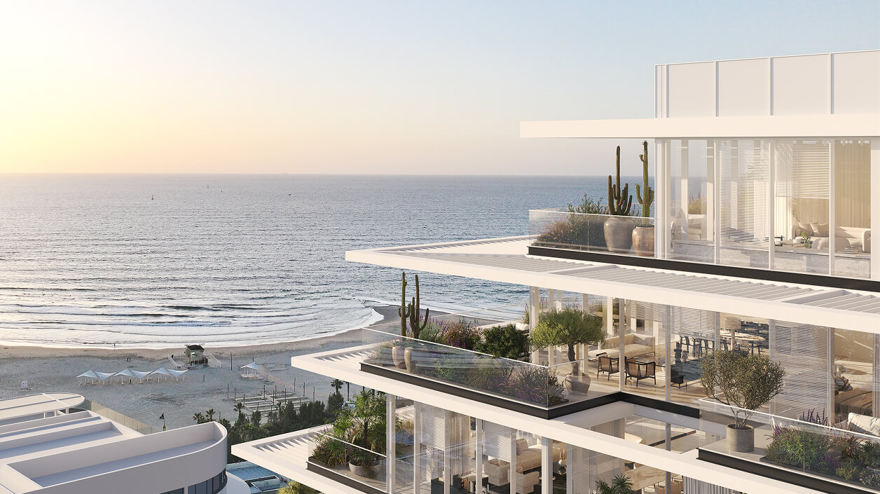 A rendering of a Sea House terrace overlooking the beach and the Mediterranean