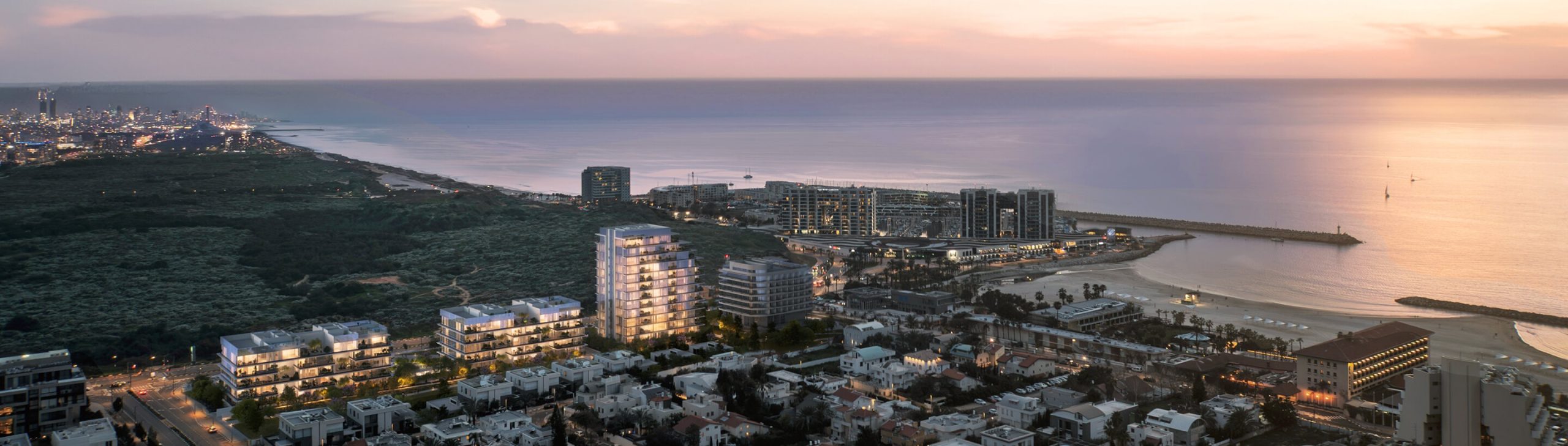 An aerial rendering of Pituach by the Sea at dusk, with the marina and the coastline behind