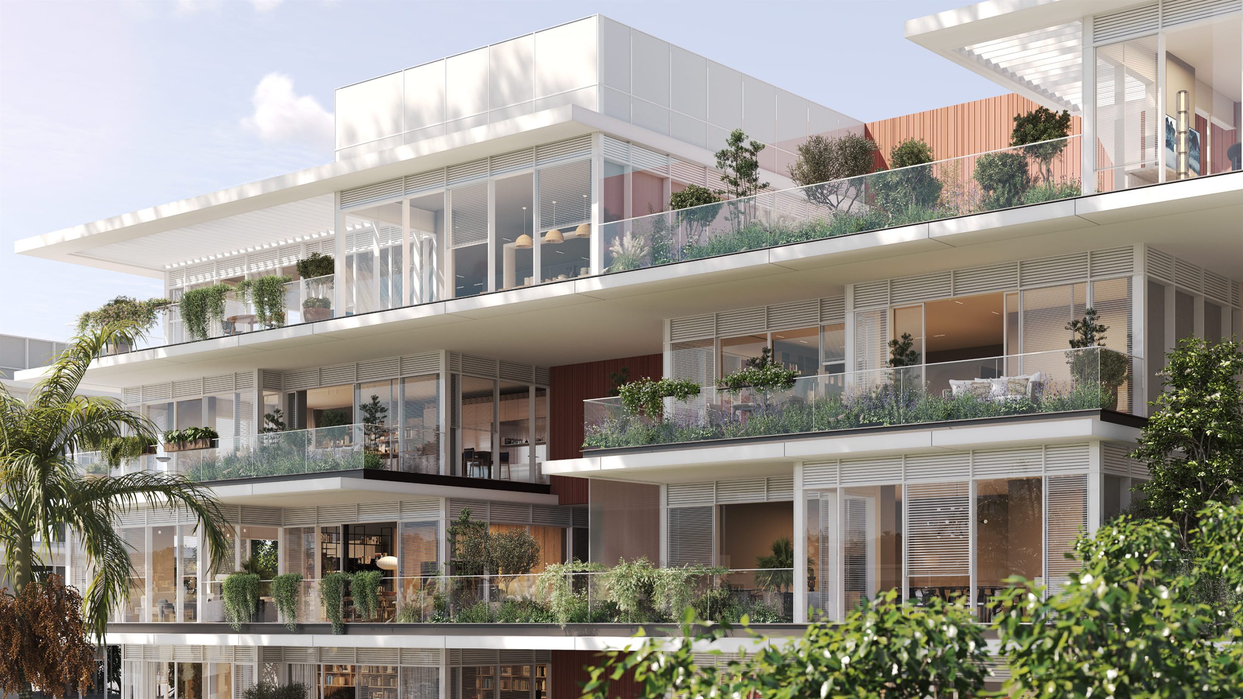A rendering of the Tree House facade with planted terraces